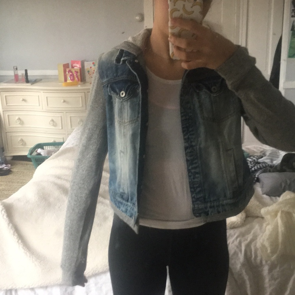 jean jacket w/ grey comfy hoodie